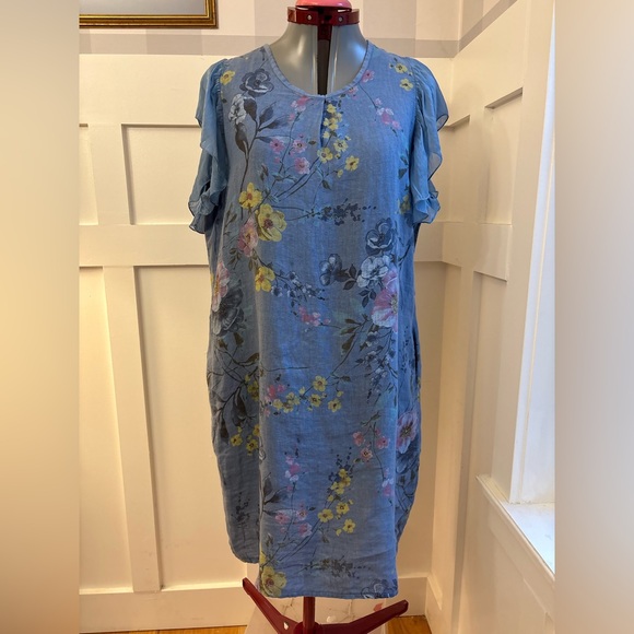 Dresses & Skirts - Italian Linen Floral Blue Dress Size Large
